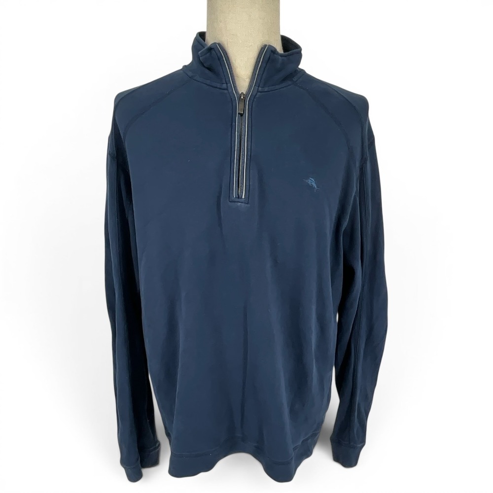 Tommy Bahama Mens XL Navy‎ Blue 100% Pima Cotton Quarter Zip Pullover Sweater
